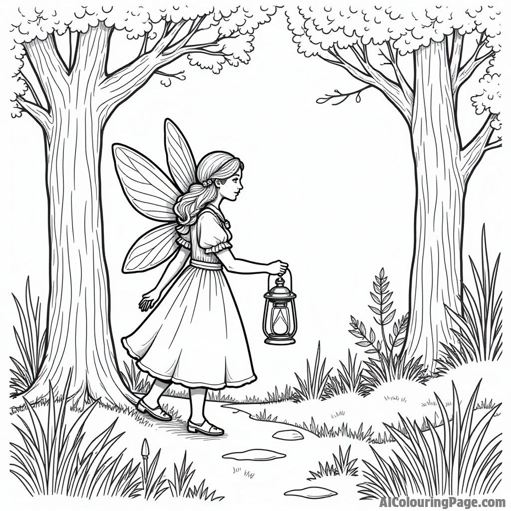 A fairy with a lantern guiding lost travelers home through a mystical forest at twilight