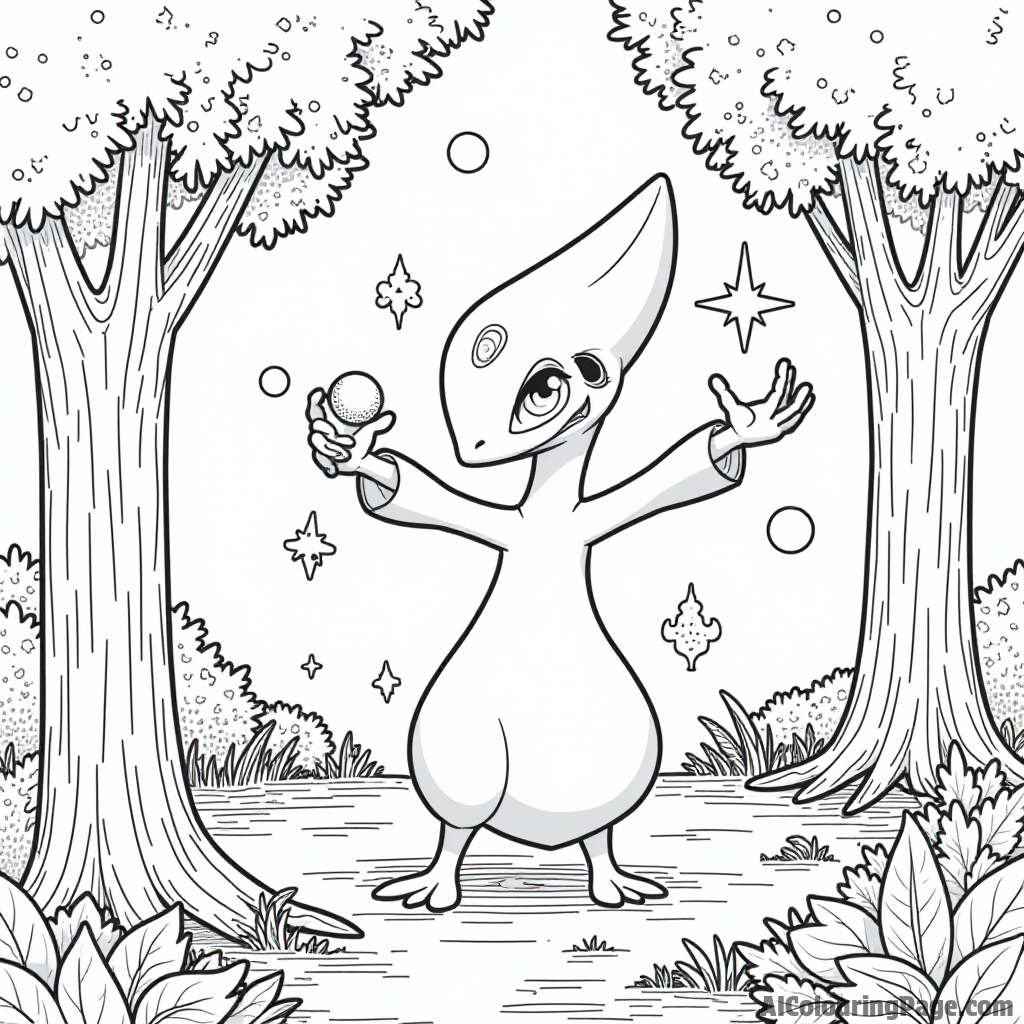 A brave Gardevoir using its psychic powers to lift objects in a mystical forest filled with glowing orbs.