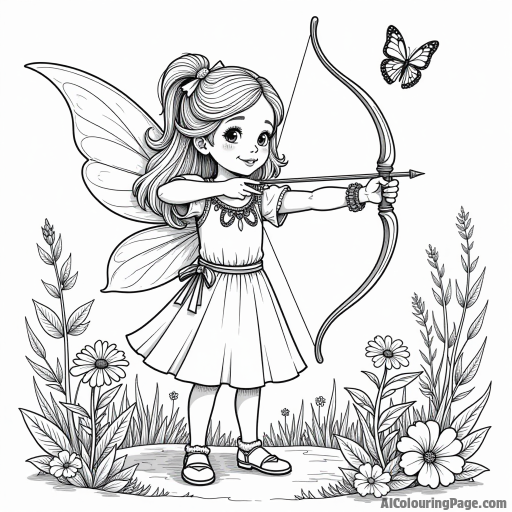 A young girl dressed as a fairy practicing archery in a magical garden, with flowers and butterflies surrounding her, inspiring creativity in a whimsical outdoor setting for coloring.