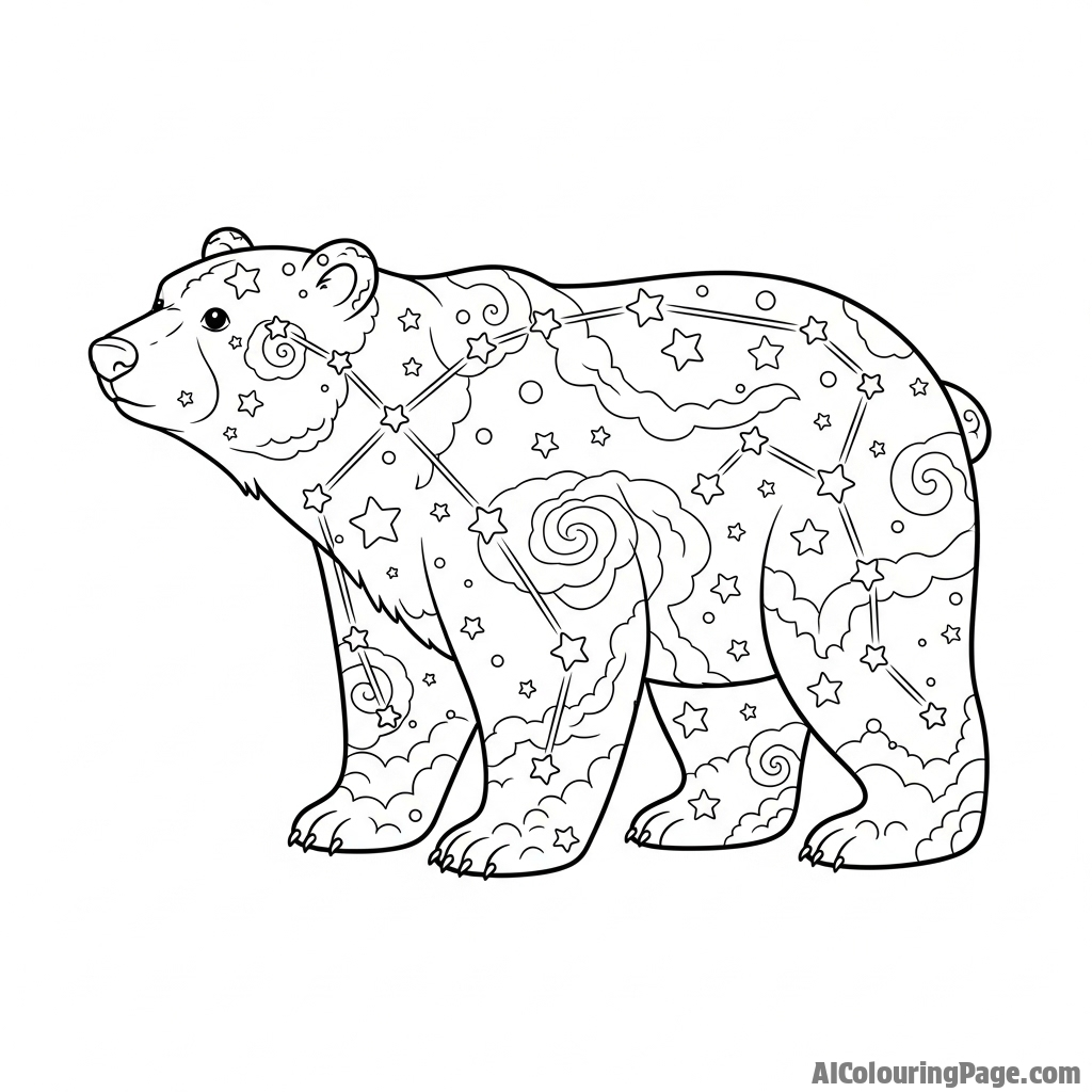 A polar bear made of stars and nebulas, a celestial constellation.