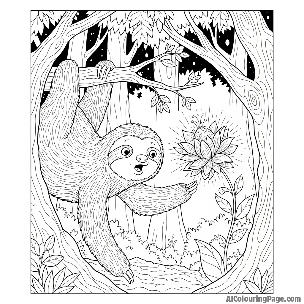 A sloth discovering a glowing, magical flower in a dark part of the forest.