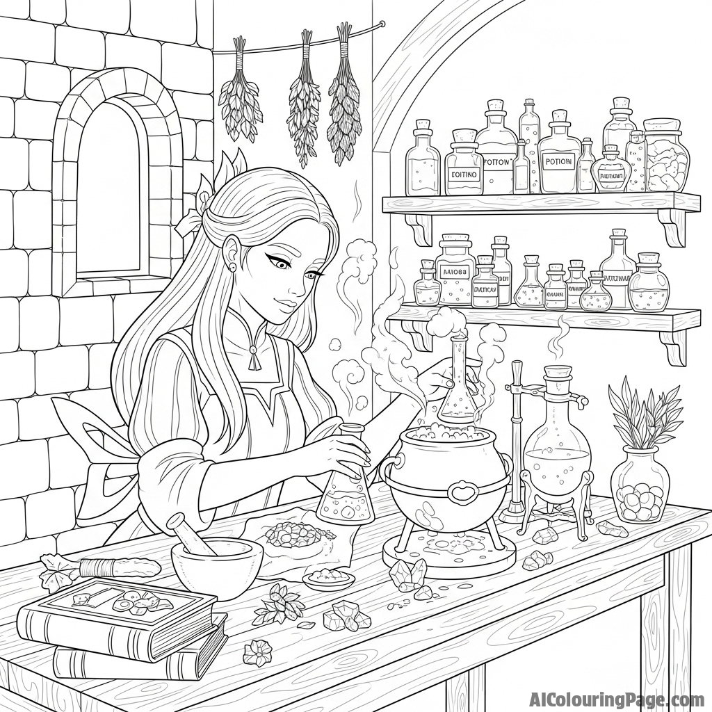 Aphmau crafting potions in a medieval alchemist’s lab.