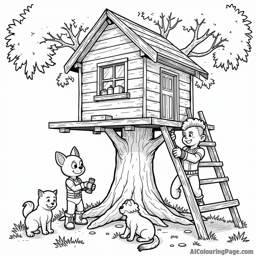 Beast Boy and Cyborg building a treehouse, surrounded by tools and playful animals observing their construction efforts nearby.