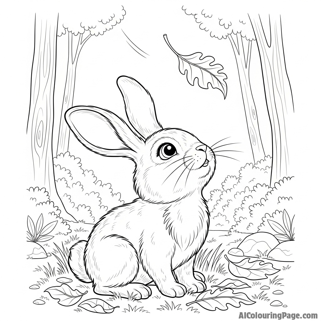A bunny looking up at a single, twisting leaf falling in a quiet forest.