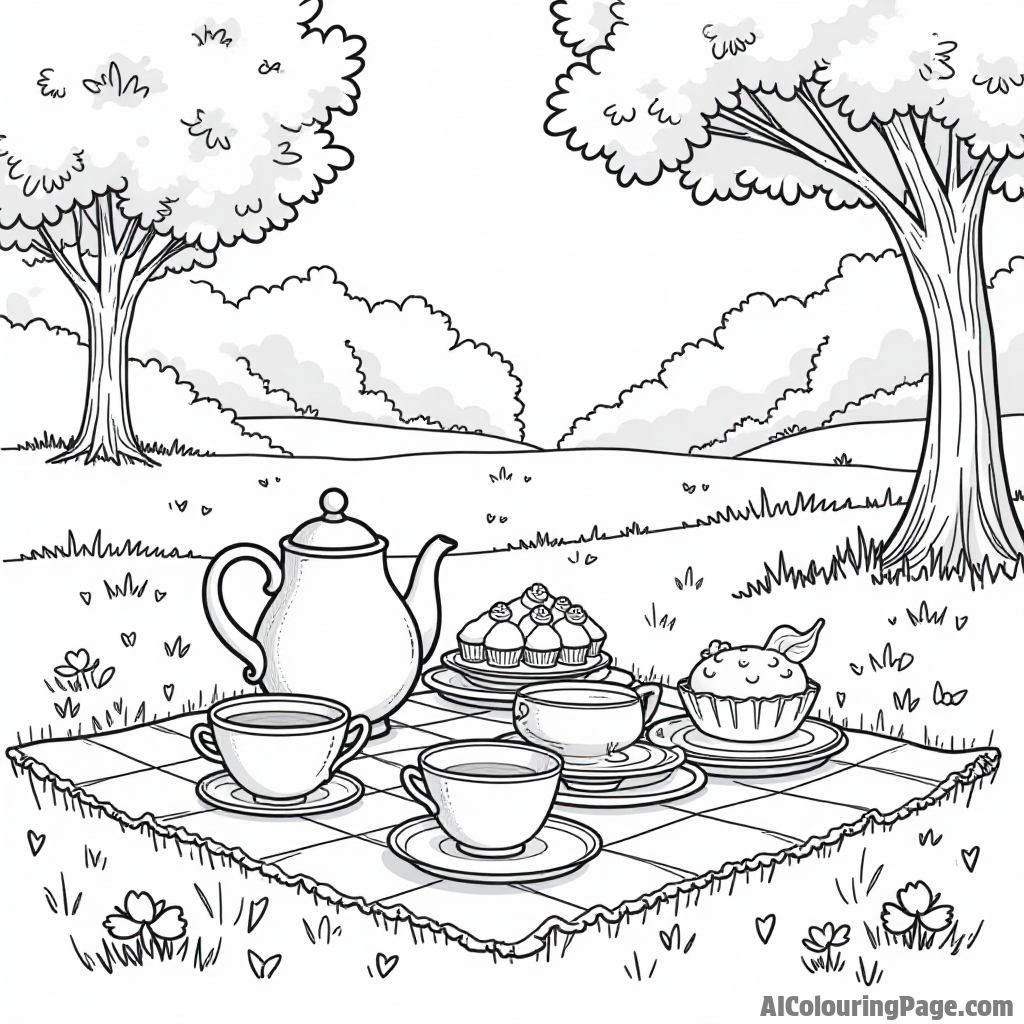 A lovely tea party set up with whimsical teacups, a teapot, and delicious cakes, all on a picnic blanket in the park.