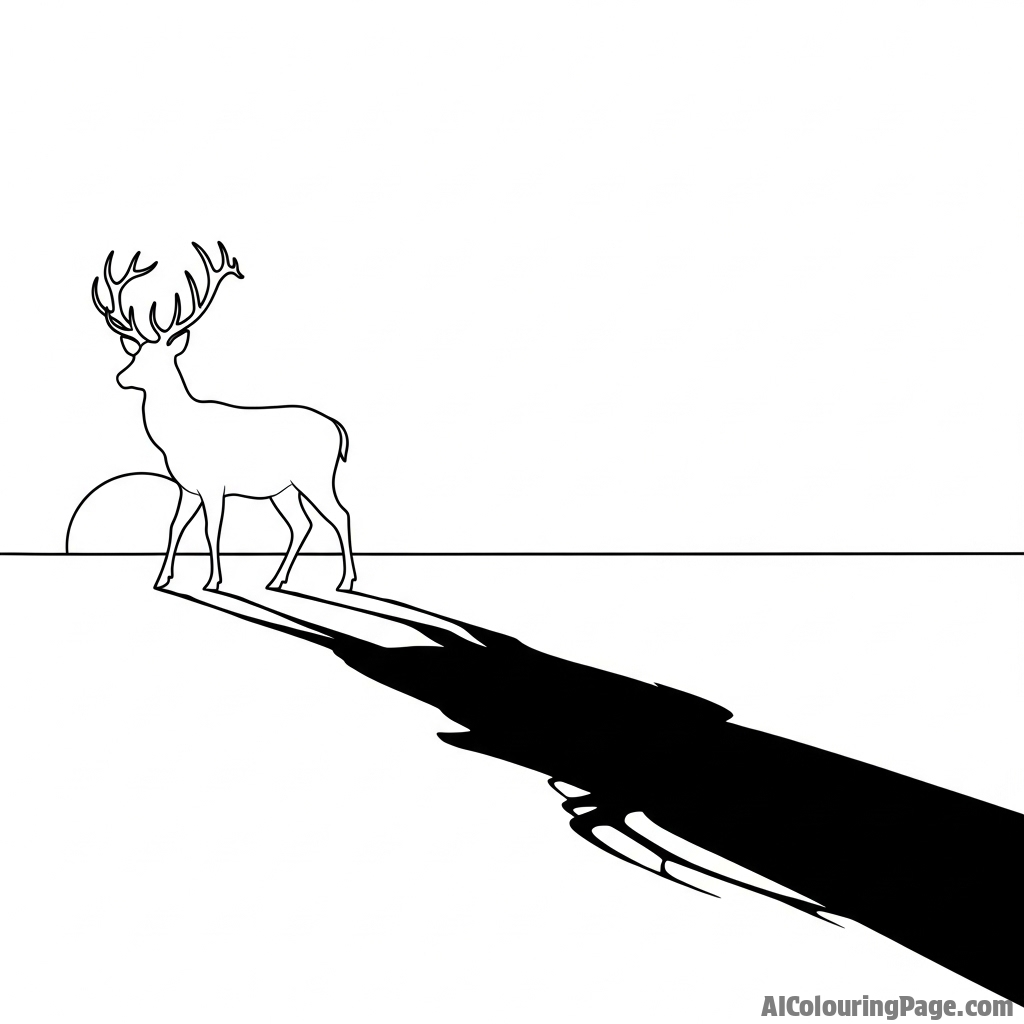 The long shadow of a deer cast upon the ground by a low sun.
