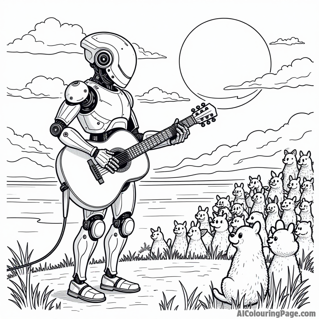 Cyborg playing the guitar, with a small audience of animals enjoying the music, and a vibrant sunset in the background.