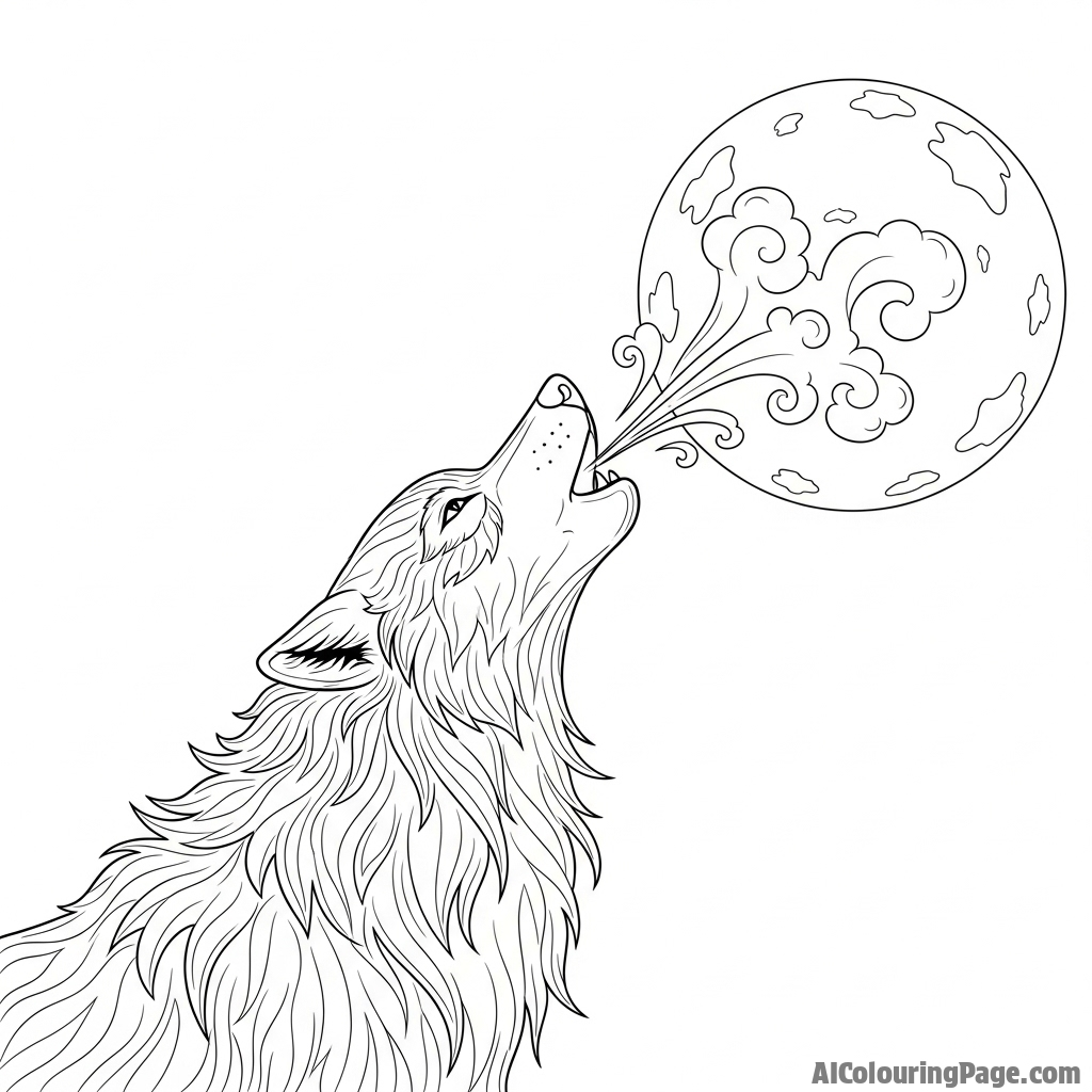 A wolf howling at a full moon, its breath visible in the frigid air