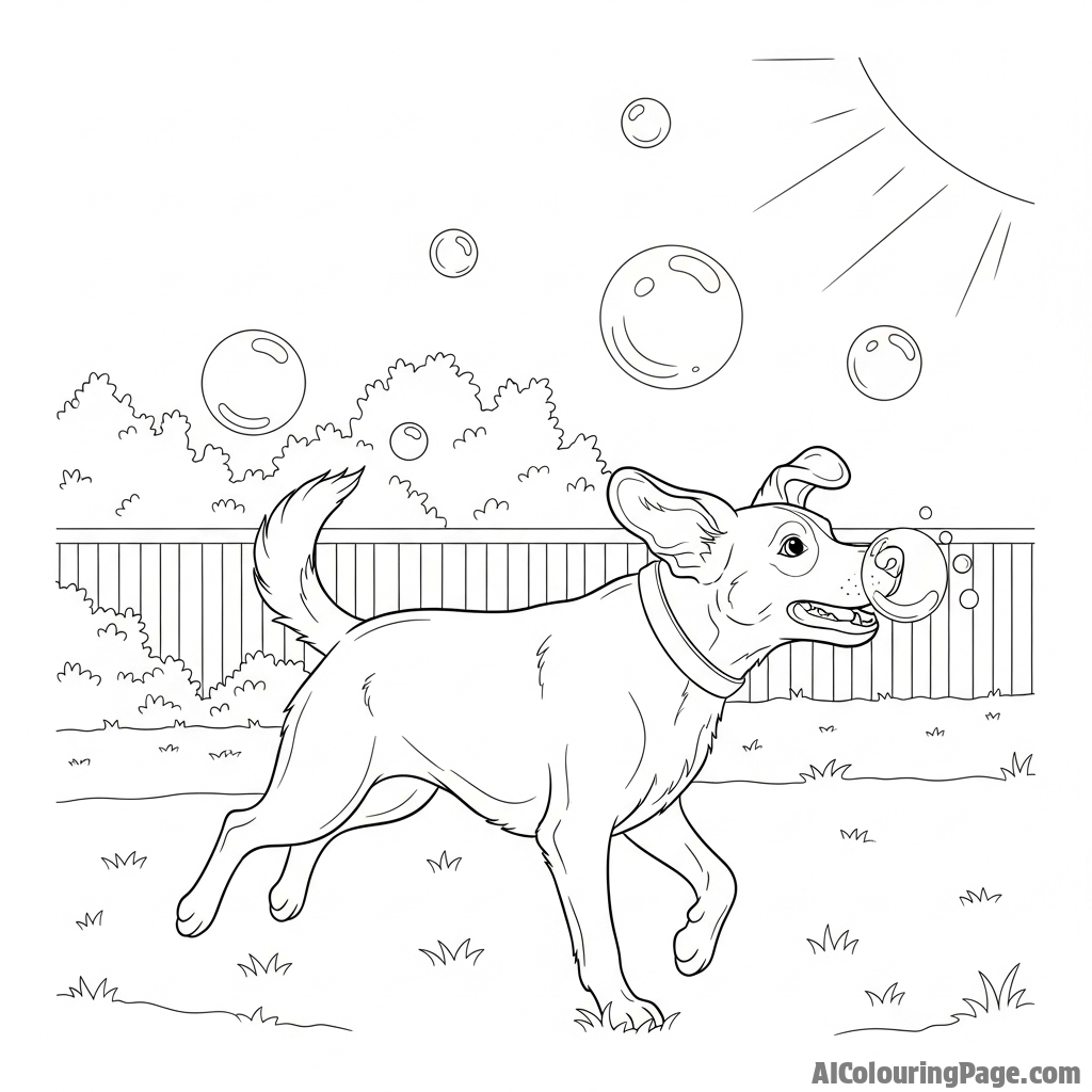 A dog chasing bubbles in a sunlit backyard.