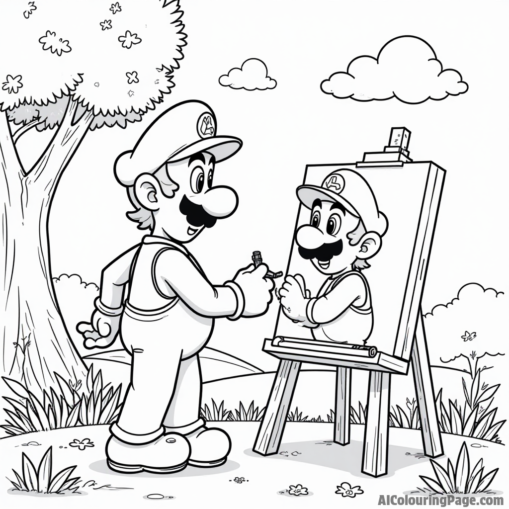 Luigi painting a portrait of Mario in a sunny park with trees and flowers around.