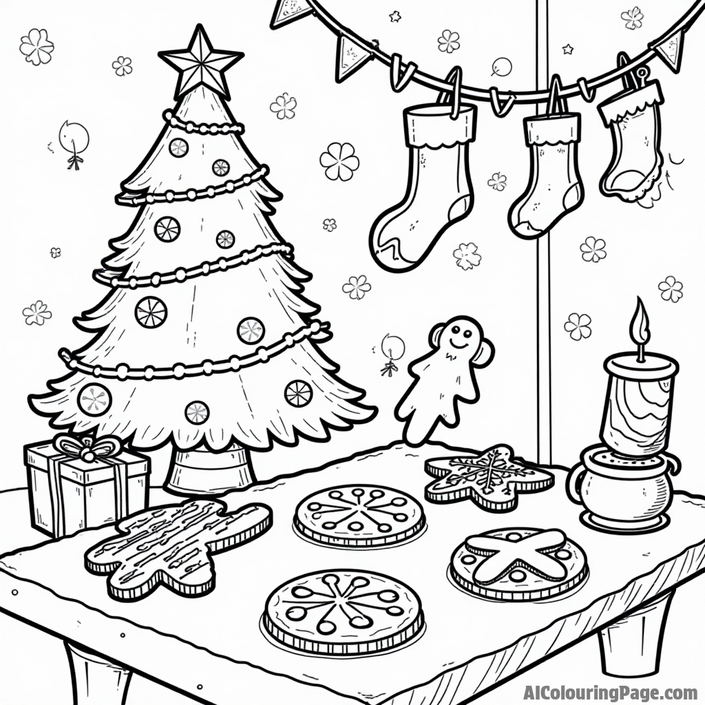 A festive holiday cookie scene with a decorated tree, stockings, and a table filled with gingerbread cookies and icing.