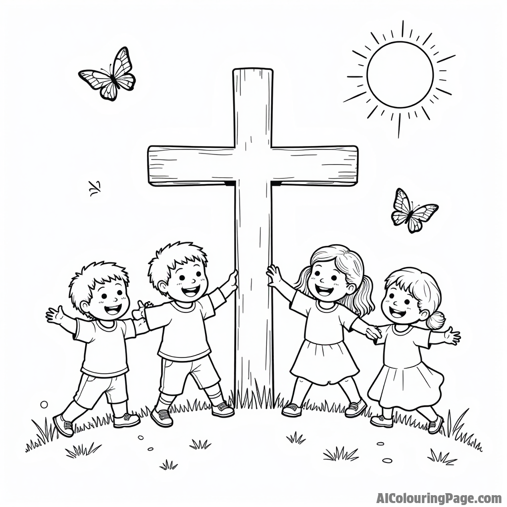 A joyful scene of children playing around a cross, with butterflies fluttering and a bright sun shining in the background.