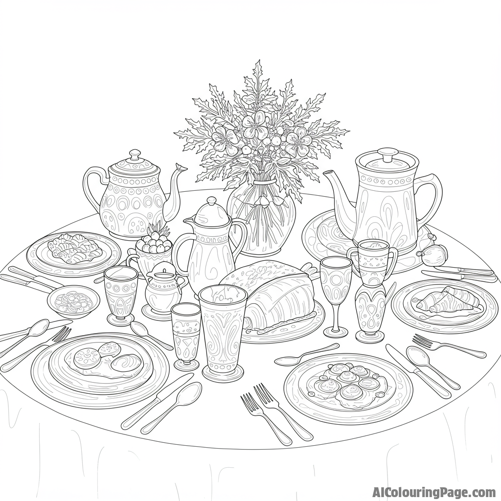 Festive table setting with elaborate dishes and elegant silverware, anticipating a feast.