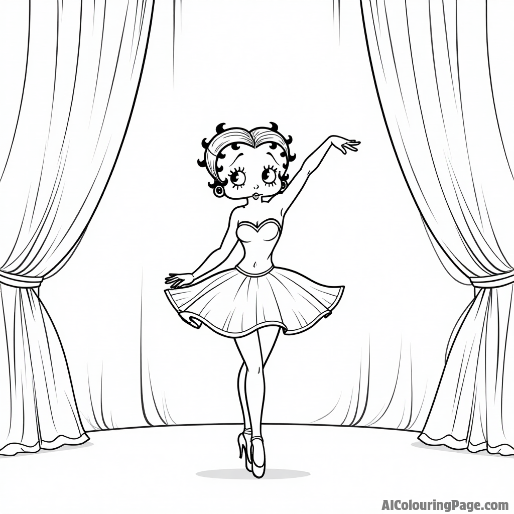 Betty Boop dressed as a ballerina performing on stage with a spotlight shining down and an audience watching