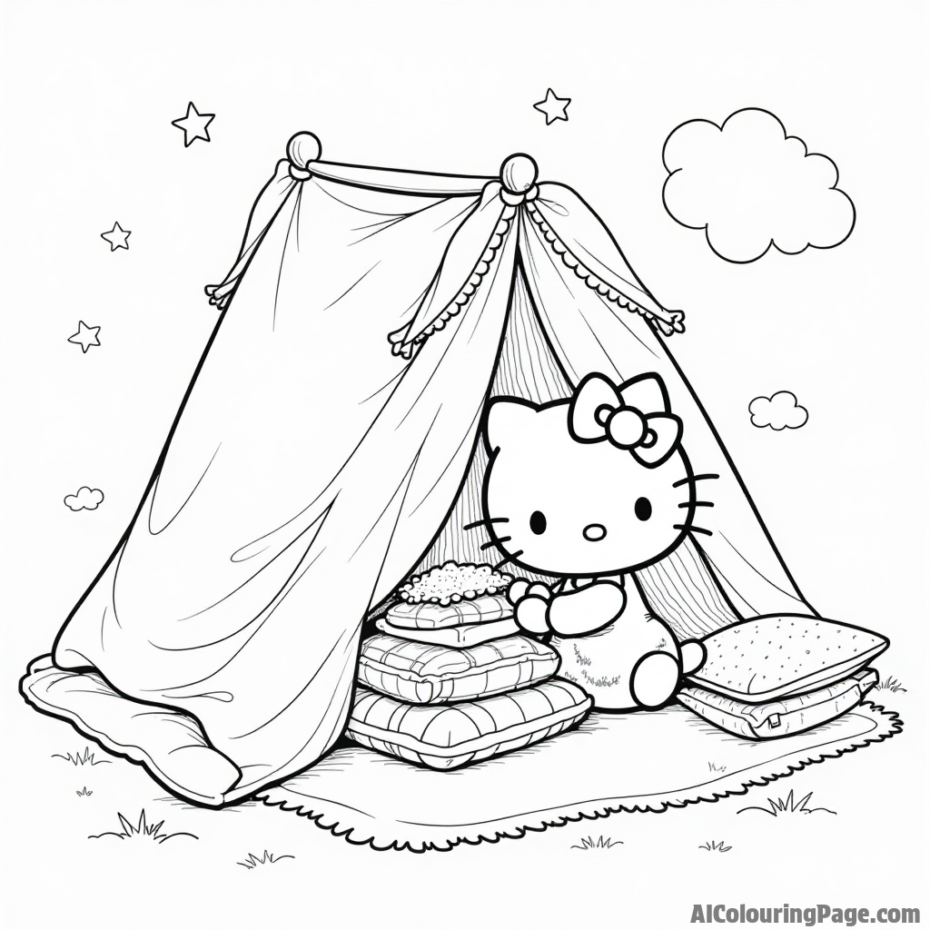 Hello Kitty building a fort with cushions, blankets, and her friends creating a cozy hideout