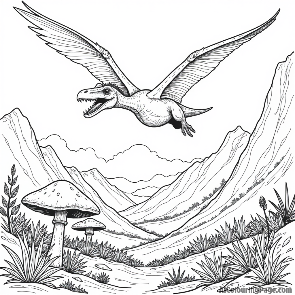 A curious pterodactyl soaring over a vibrant prehistoric valley filled with wildflowers and giant mushrooms below.