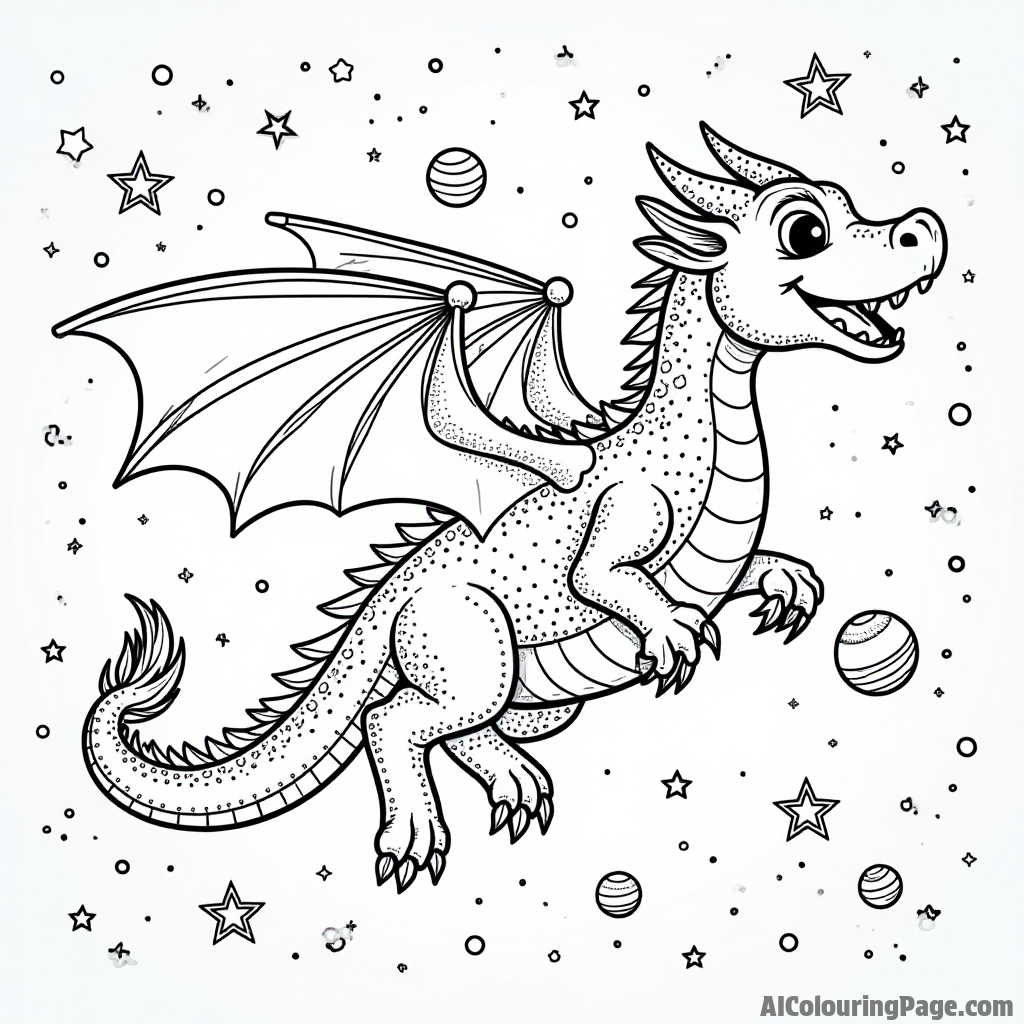 A dragon flying through a galaxy filled with colorful stars and planets, creating a magical adventure.