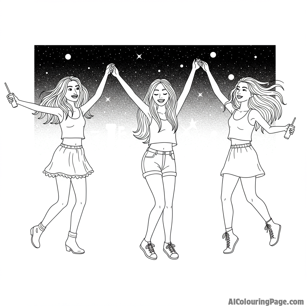 Girlfriends dancing carefree at a concert under the stars.