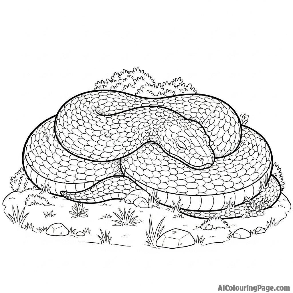 A massive snake sleeping in a coil so large it resembles a small, vegetated hill.
