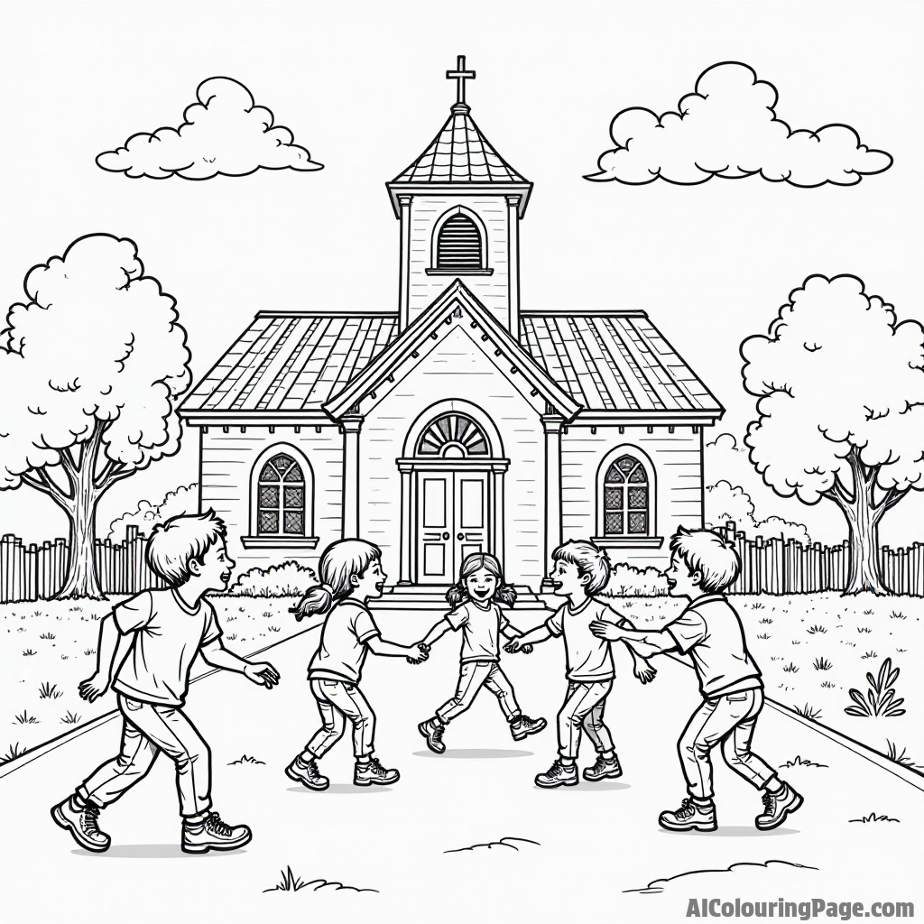 A group of children playing tag outside a church, with laughter, trees, and a vibrant playground area nearby.