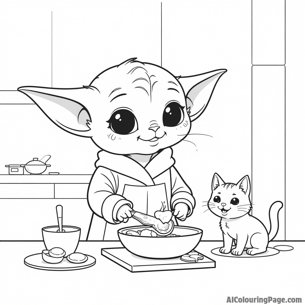 Baby Yoda making cookies in a cozy kitchen with a mischievous cat watching