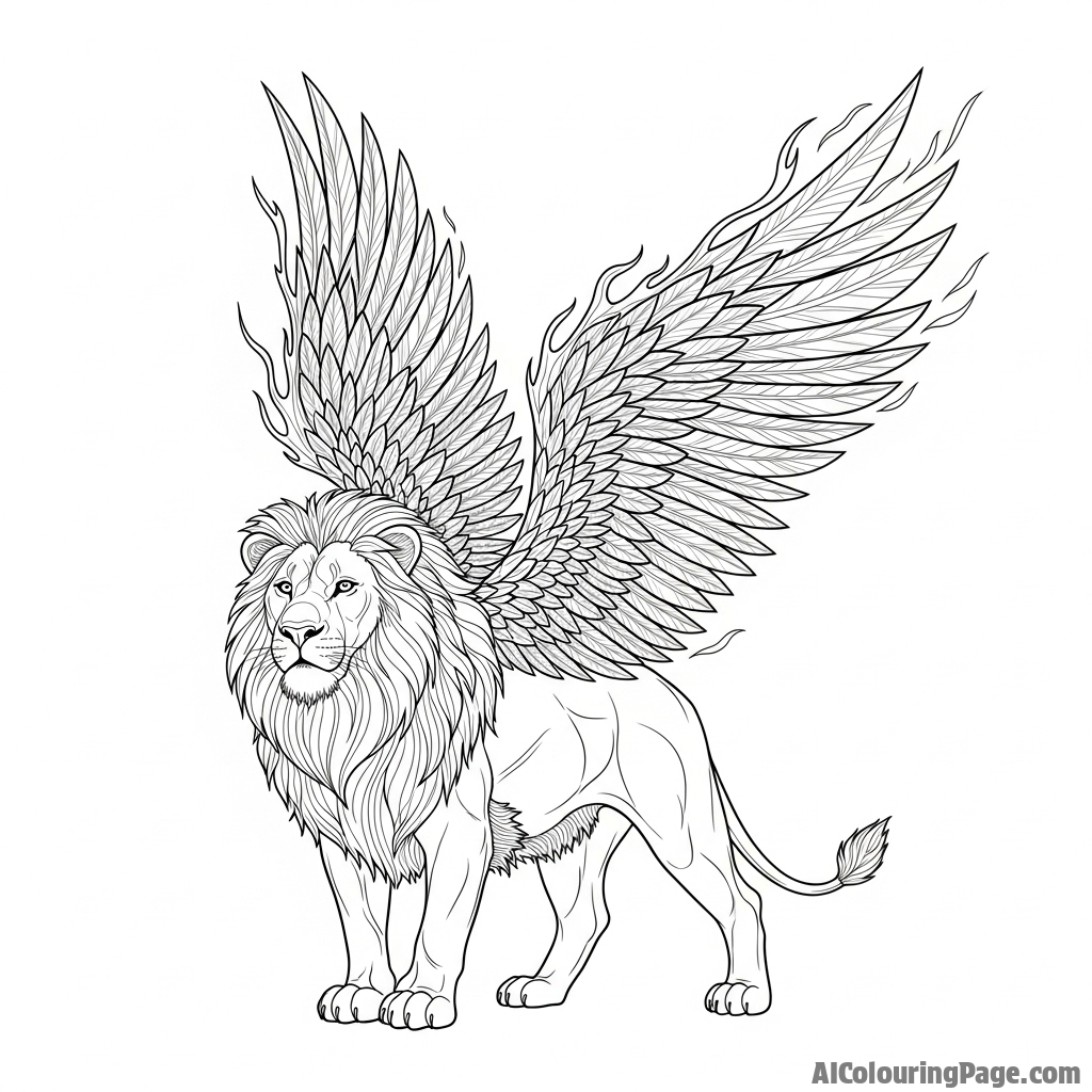 A fantasy illustration of a lion with magnificent wings made of pure shadow.