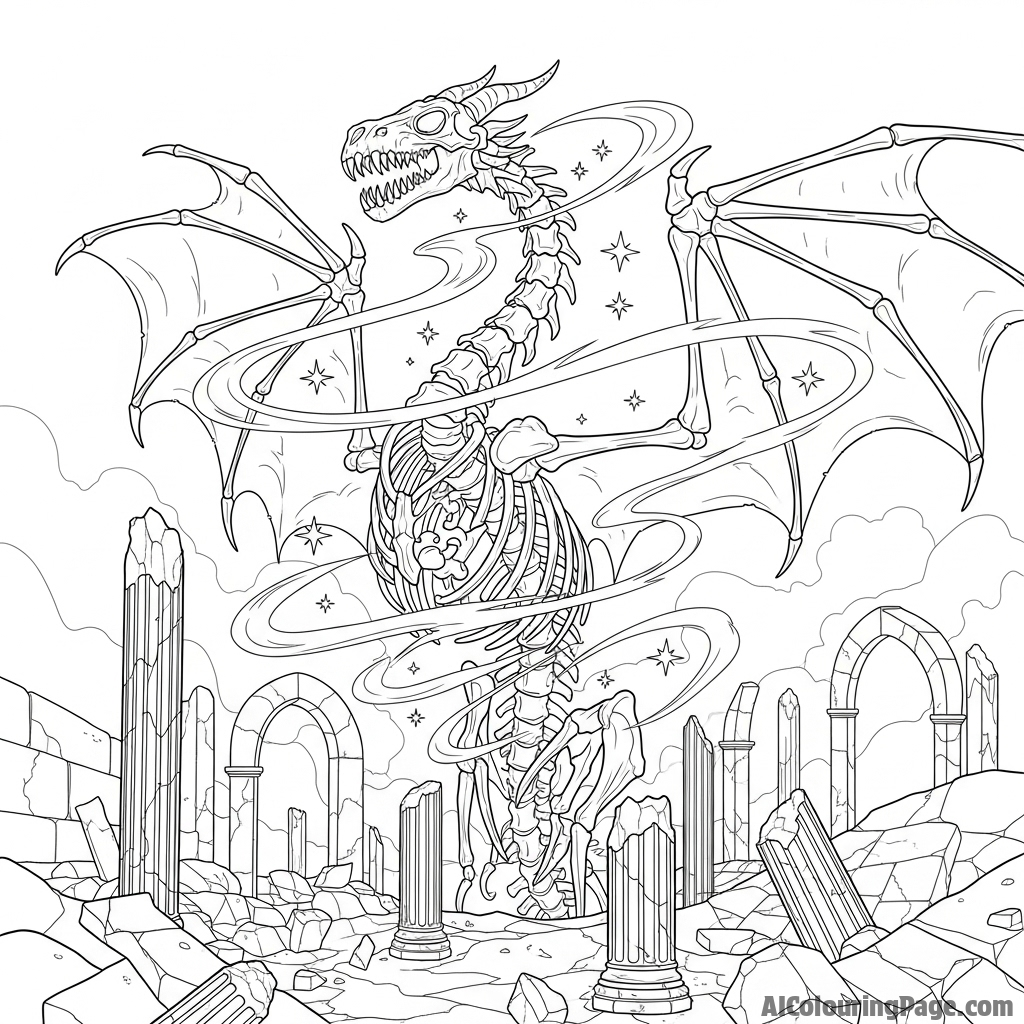 A skeletal dragon rising from a field of arcane ruins, magical energy swirling around its bones.