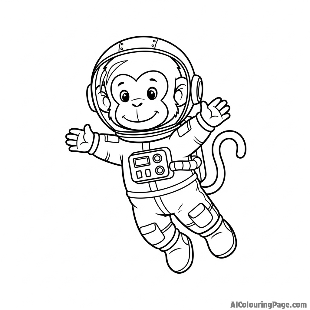 A monkey in a tiny astronaut suit floating in zero gravity.