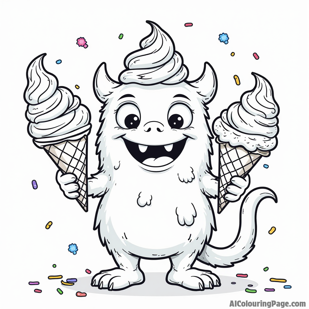 A cute monster enjoying different ice cream flavors with funny expressions, surrounded by colorful sprinkles