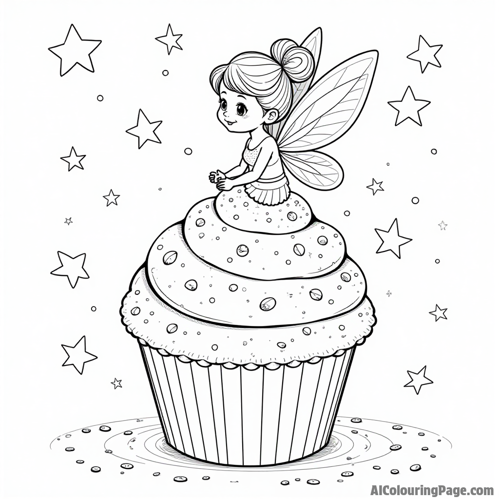 A cupcake fairy sitting atop a giant cupcake, surrounded by sparkling stars and magical sprinkles in the night sky.