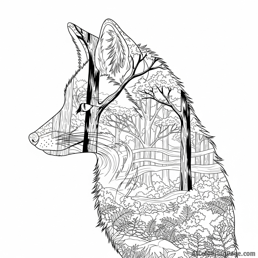 A double exposure image combining a fox profile with a dense, misty forest.