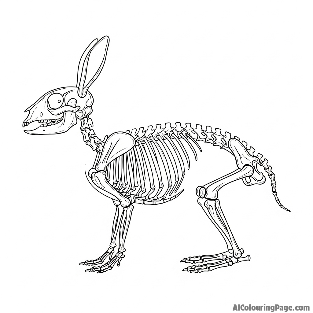 The skeletal structure of a rabbit, articulated and displayed in a museum setting.