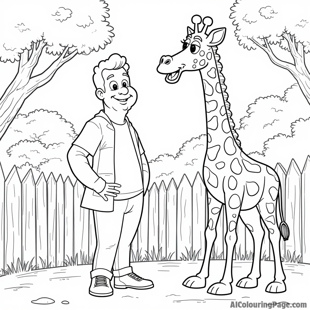 Johnny Bravo at the zoo with a giraffe and a monkey in the background