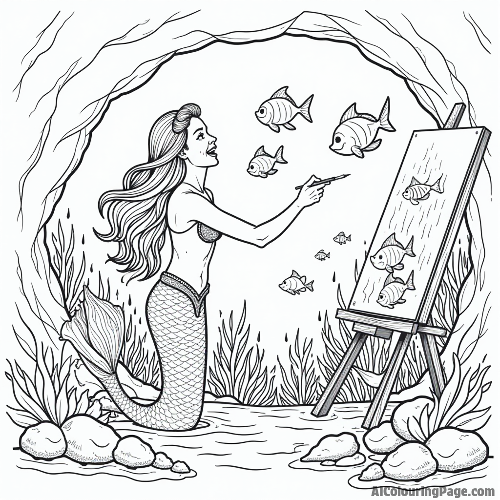 A mermaid painting a beautiful underwater mural on a cave wall, while colorful fish swim around her in joy.