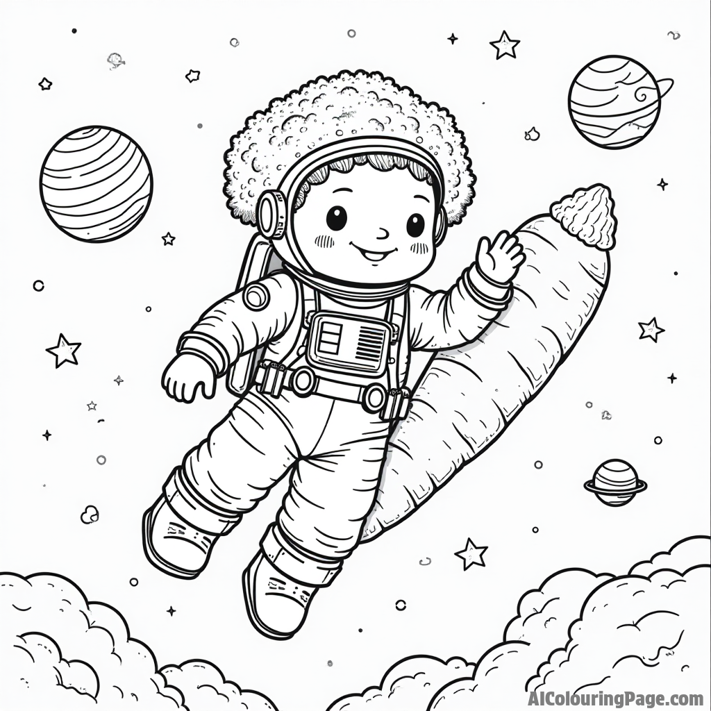 A broccoli astronaut floating in space, surrounded by stars and planets, with a spaceship shaped like a giant carrot.