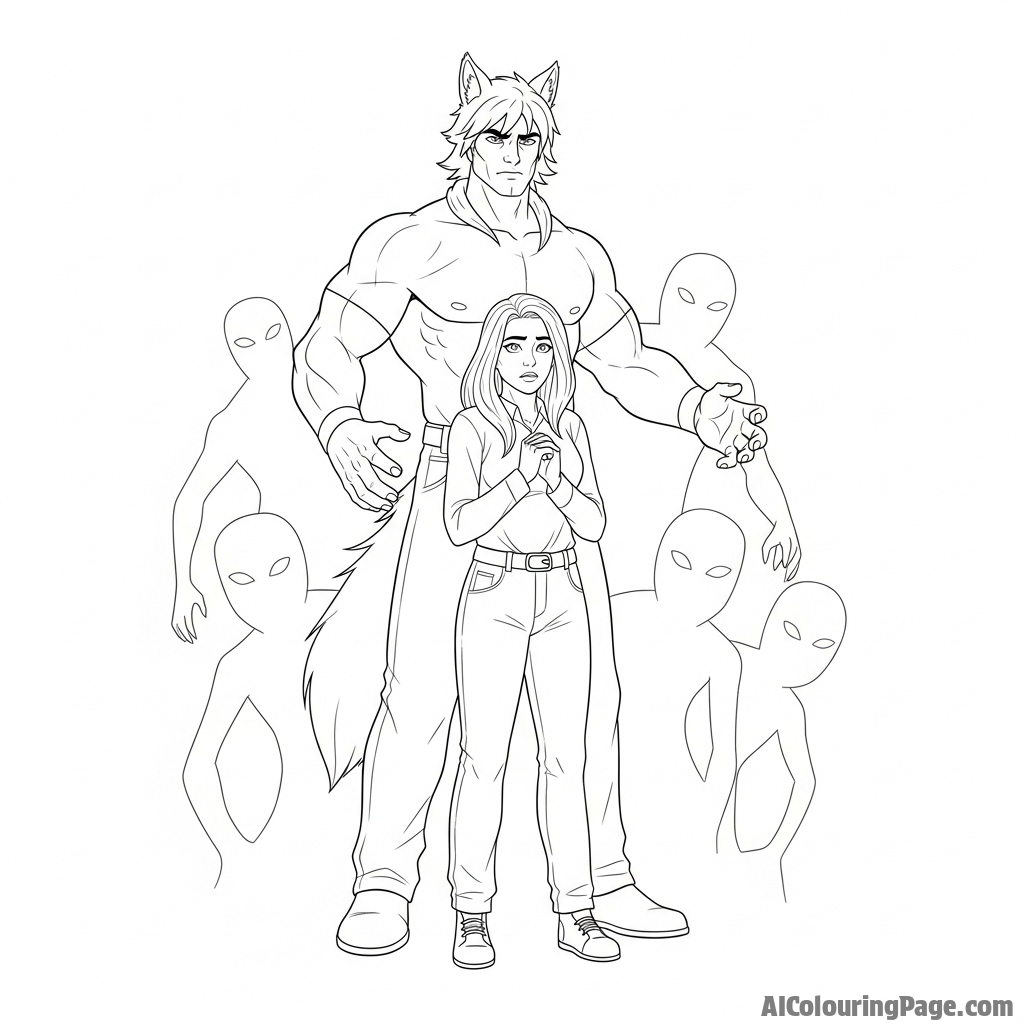 Aaron Lycan standing protectively in front of Aphmau, shadowed figures lurking behind.