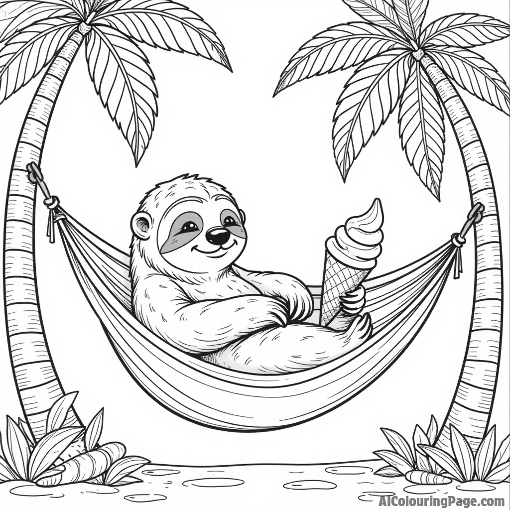 An adorable sloth relaxing in a hammock while enjoying a cone of ice cream under tropical trees