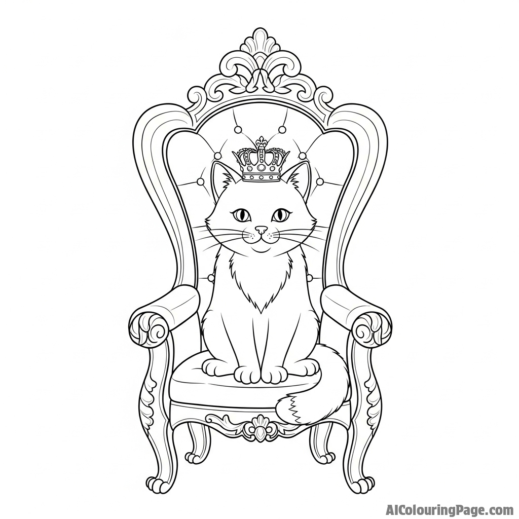 A regal cat wearing a tiny crown, sitting on a velvet throne.