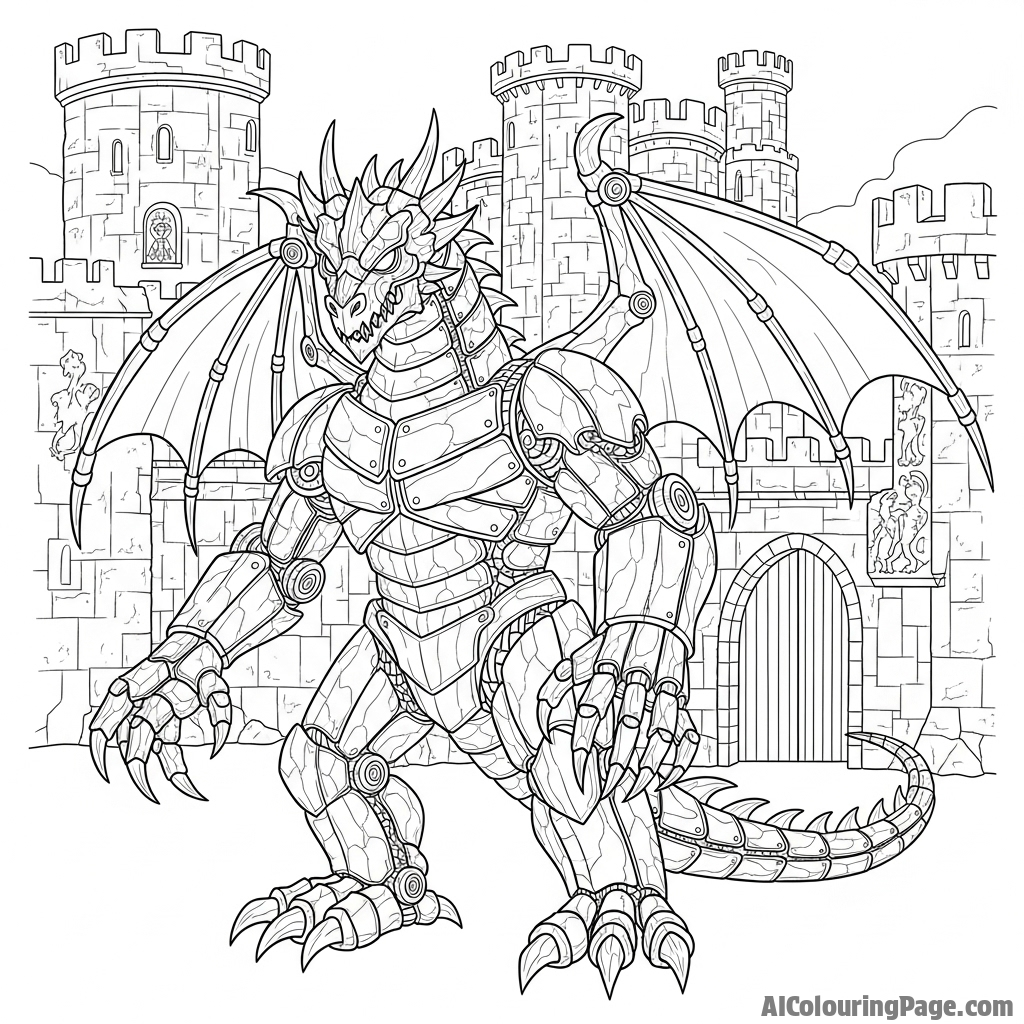 A dragon forged from metal and stone, a golem-like guardian of an ancient fortress.