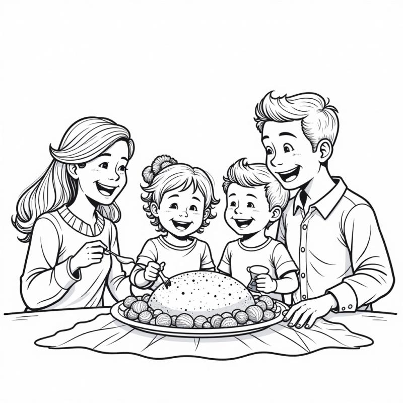 Family sharing thanksgiving dinner coloring page