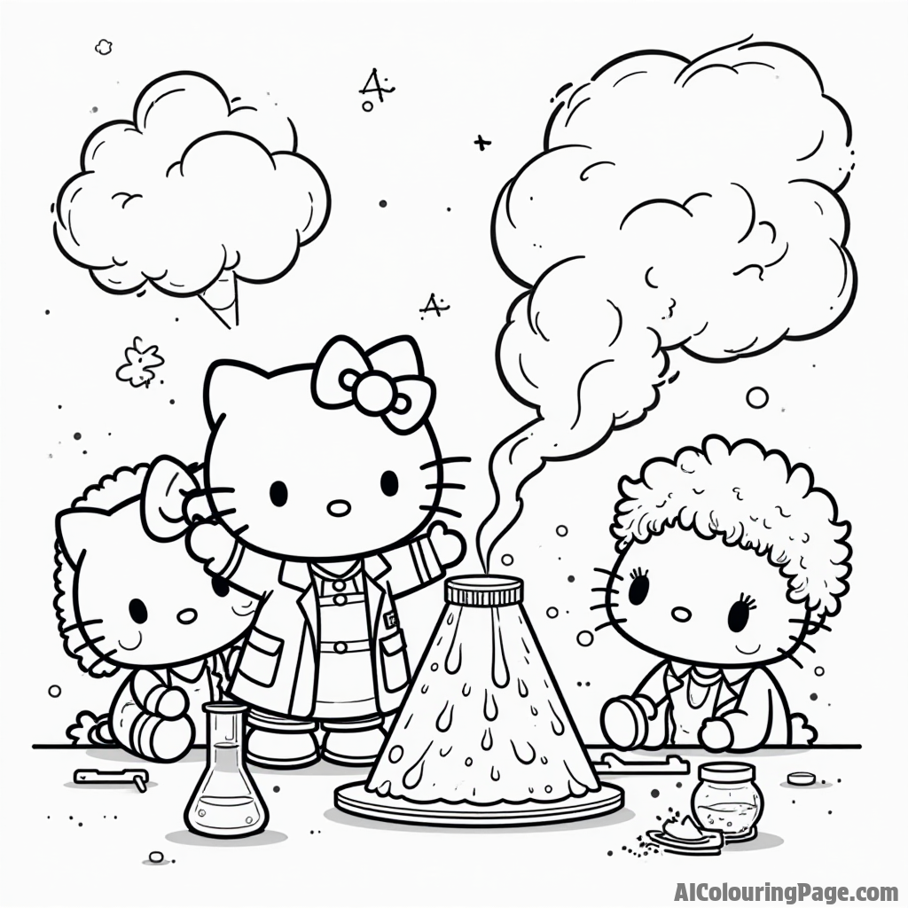 Hello Kitty participating in a science fair with a volcano model, test tubes, and her excited friends