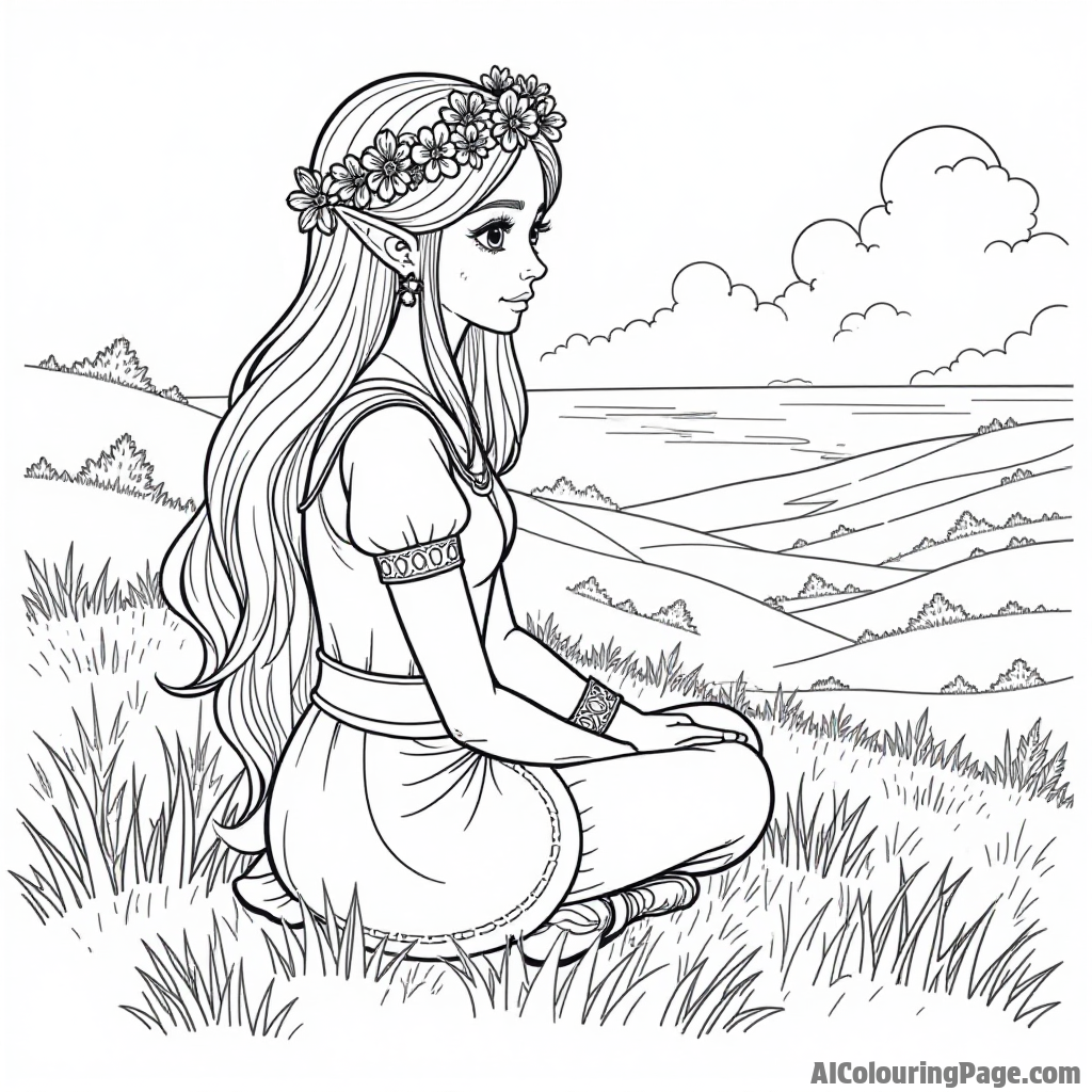 Zelda creating a beautiful flower crown with colorful blooms, sitting on a grassy hill with a breathtaking view behind her