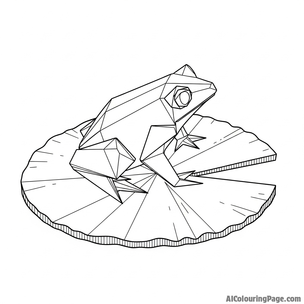 A paper-craft, origami frog sitting on a paper lily pad.