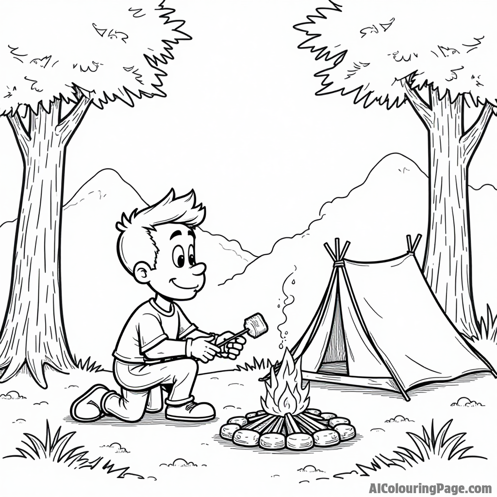 Johnny Bravo camping in the woods with a tent and a campfire roasting marshmallows