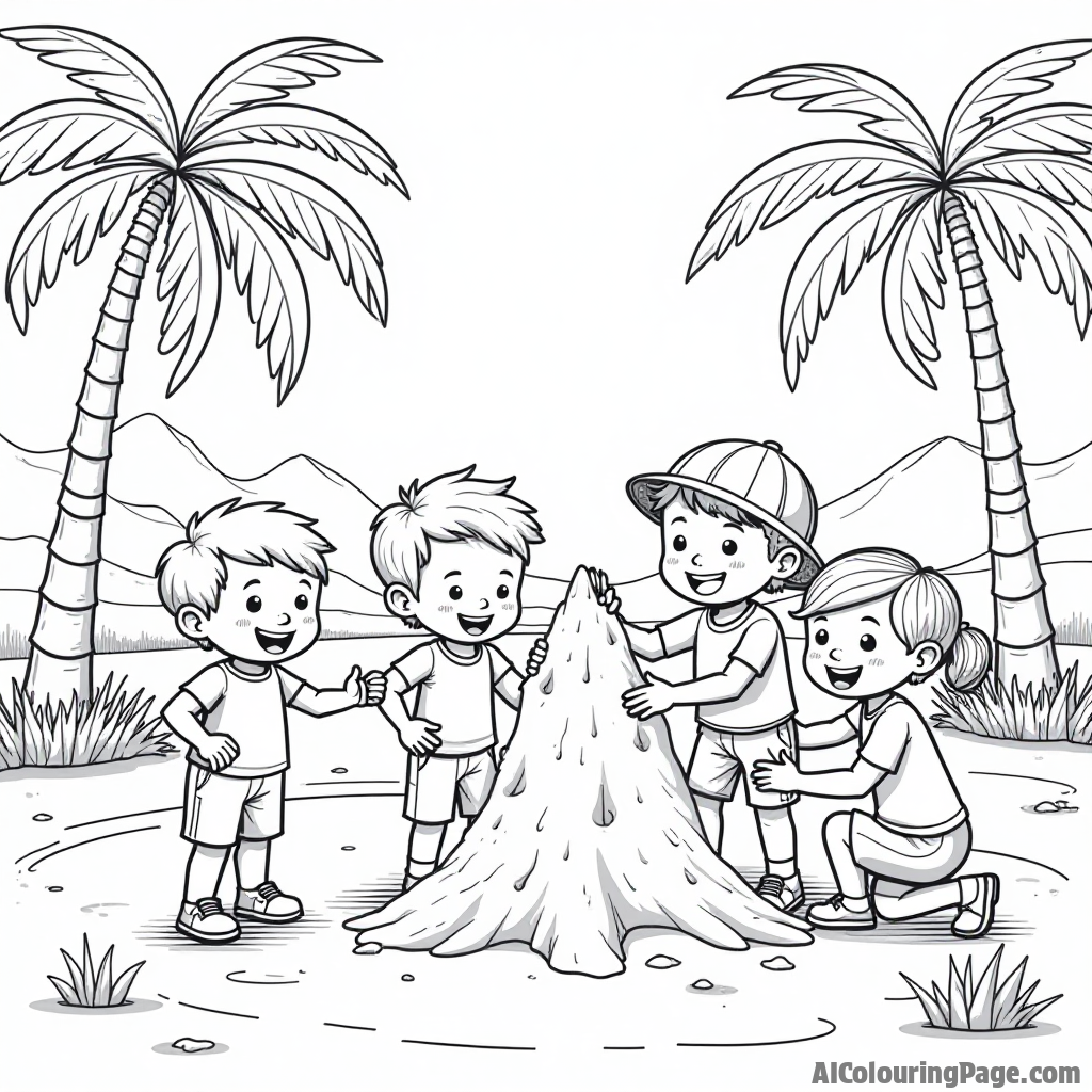 A playful scene of a group of kids building a sandcastle near a desert oasis, with palm trees and a sparkling pond, capturing the joy of adventure and friendship in a coloring page.