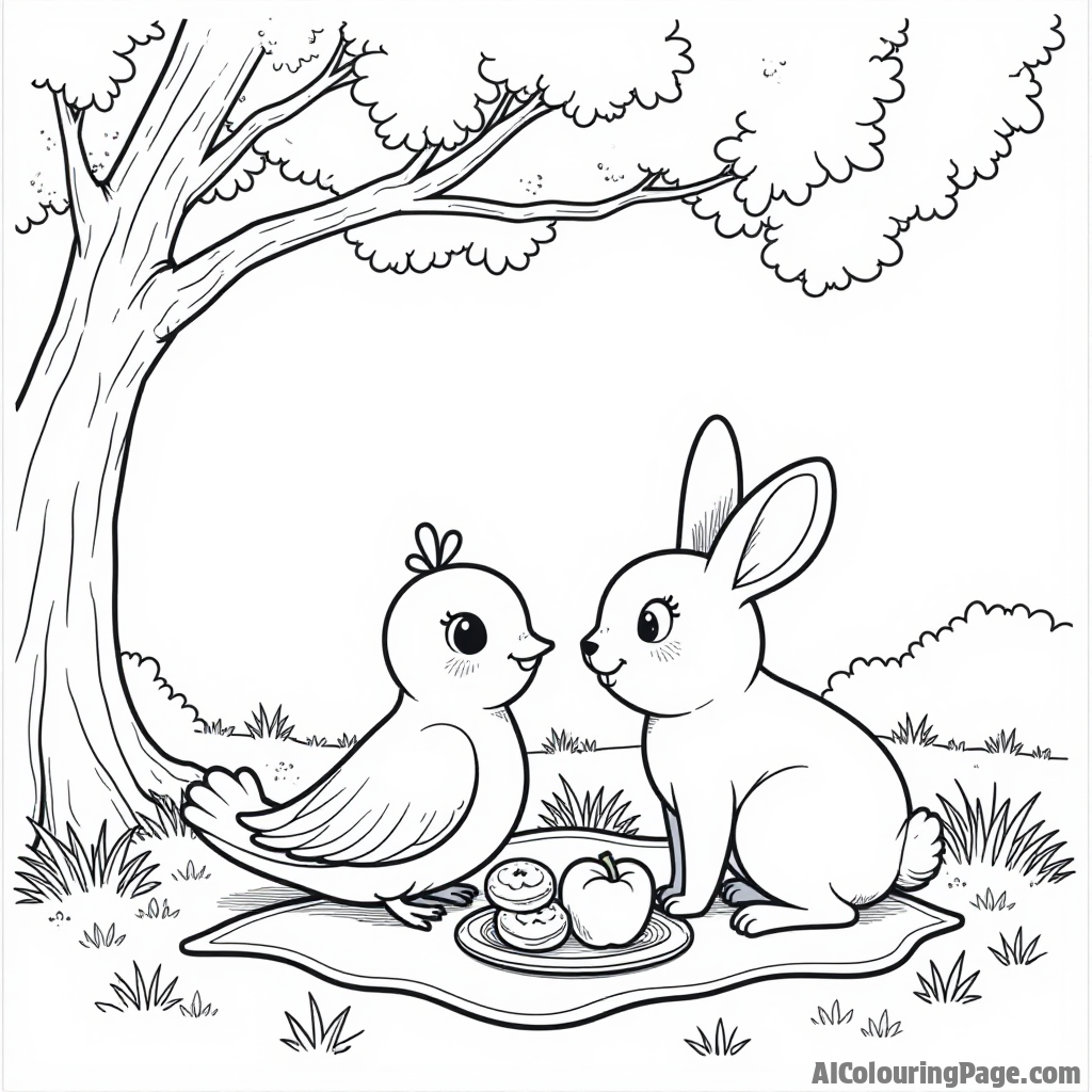 A cute dove and a friendly rabbit sharing a picnic under a large tree with fruits and snacks laid out.