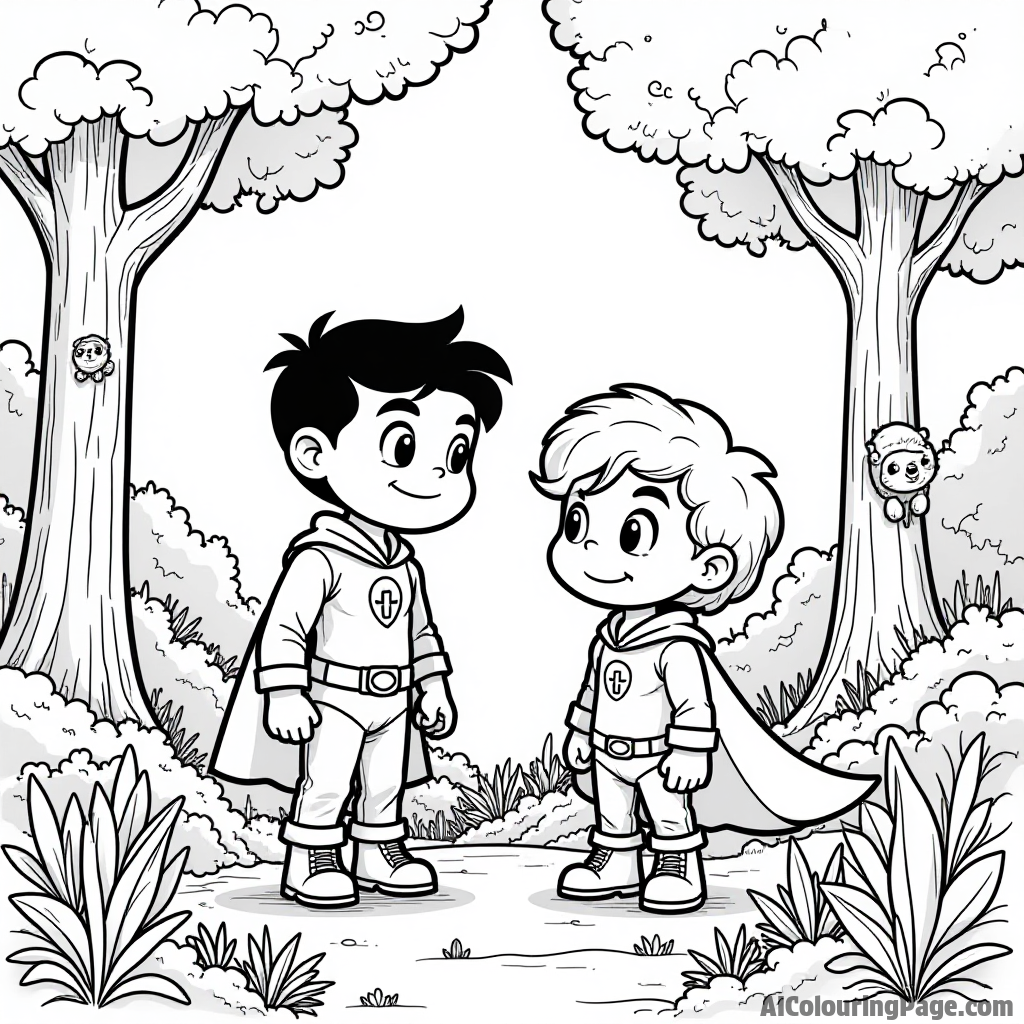 Beast Boy and Raven exploring a magical forest, colorful plants around them, and curious creatures peeking out from behind trees.