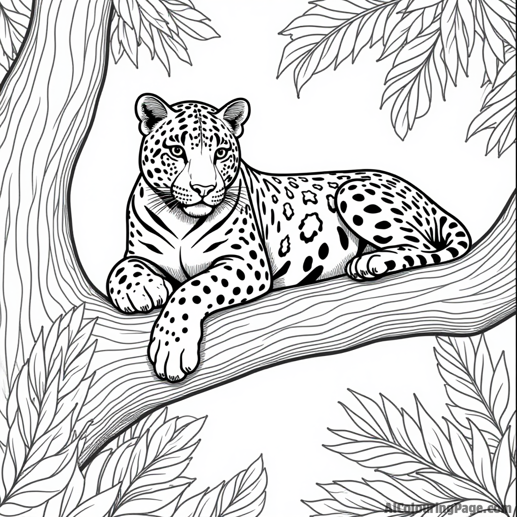 A majestic jaguar resting on a tree branch, with lush jungle foliage surrounding it, designed to engage children in a thrilling coloring adventure as they explore the wild.