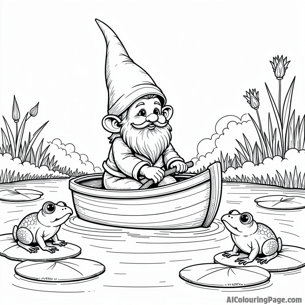 A gnome sailing a tiny boat on a sparkling river, surrounded by lily pads and playful frogs hopping nearby.