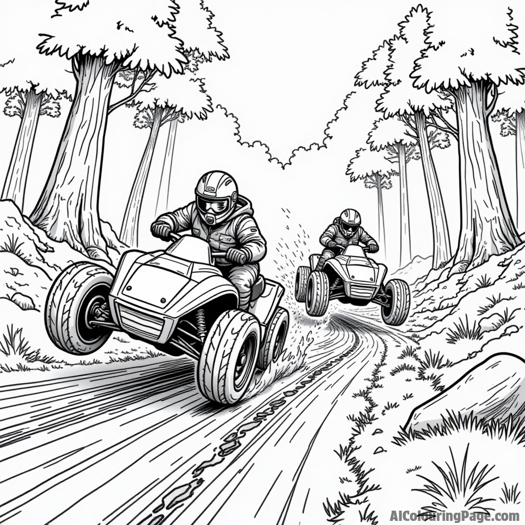 A thrilling chase scene with two speeders racing through a dense forest, dodging trees and jumping over logs and rocks.